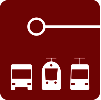 Abbildung der VBN FahrPlaner-App: Zeichnungen von Bus, Bahn und Zug auf rotem Hintergrund