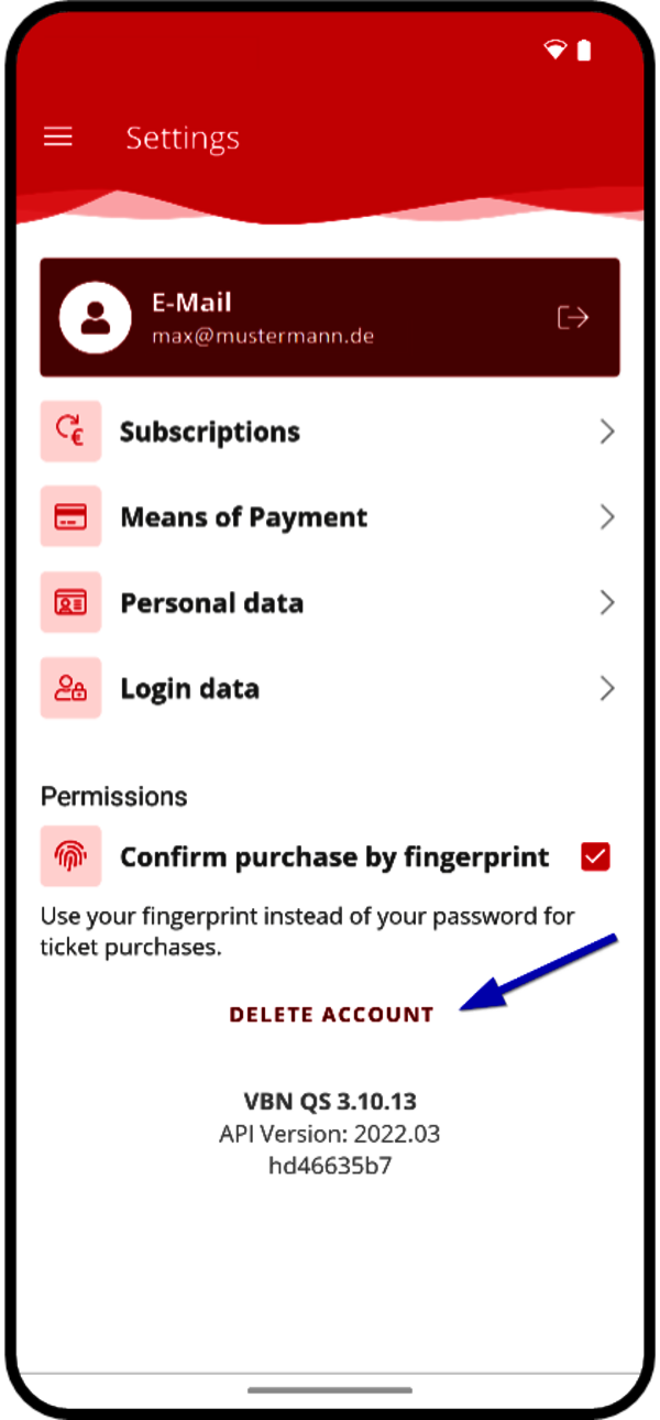 Smartphone shows menu navigation for deleting the account.