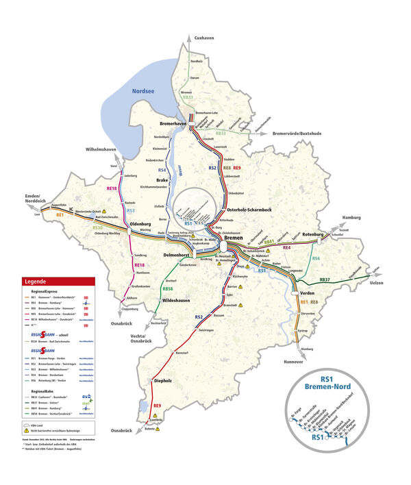 Karte der Bahnstrecken im VBN-Land